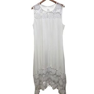 White Sleeveless Lace Trim Midi Dress Crochet Details Flowy XL FLAW
